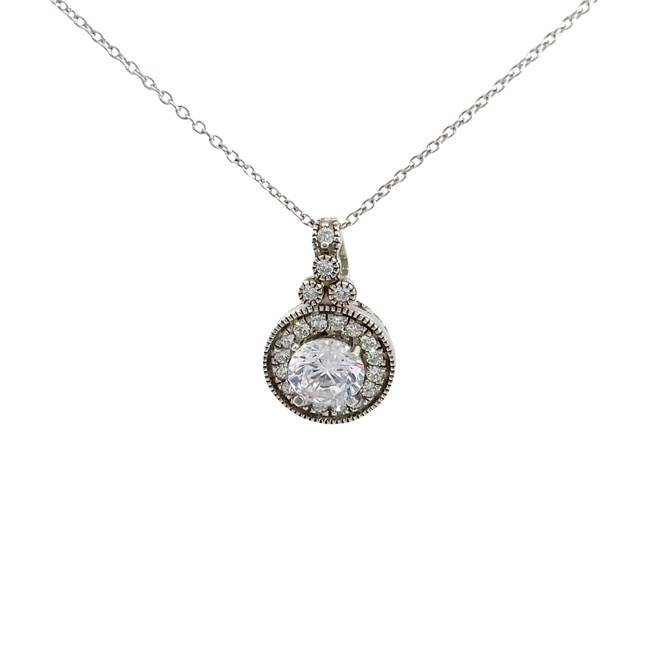 Chain with round zircon pendant with oxidised finish